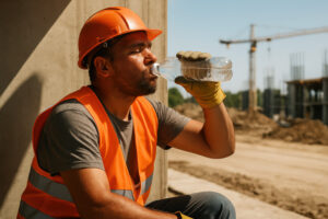 Ouvrier en train de boire sur un chantier en période de canicule.