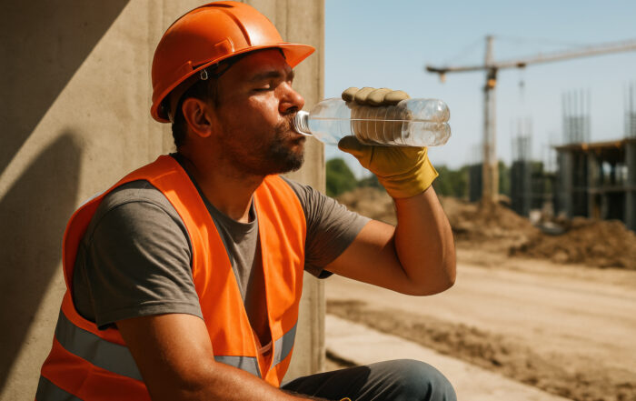 Ouvrier en train de boire sur un chantier en période de canicule.